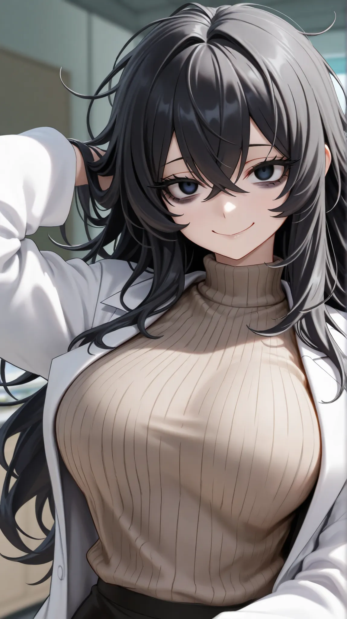 Masterpiece, detailed, high resolution illustration, 1 girl, Mature female, black long hair, hair between eyes, crossed bangs, long eyelashes, black eyelashes, tall, messy hair, smile, bags under eyes, medium breasts, crazy eyes, sweater, lab coat, smile