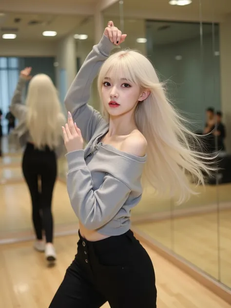 A kpop girl, Chinese,, long platinum blonde hair, curtain bangs, dark brown eyes, plump lips, big eyes, pretty, 19 years old, kind of looks like Kim Jennie, in practice room, dancing around , in her company buildings practice room, realistic, casual