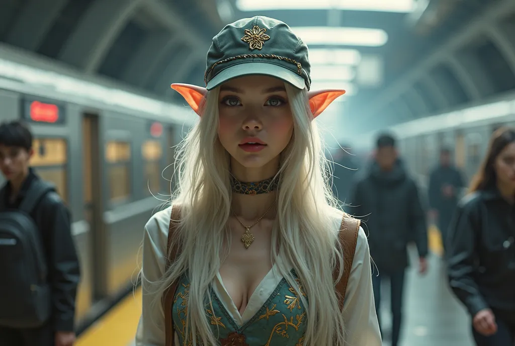 Modern elf girl with a beautiful figure in a cap on the subway 