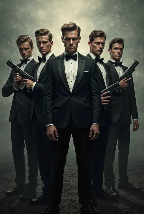 hot young handsome mens 5 members in tuxedo, black in white and the background is in the midst of the purged and they have guns