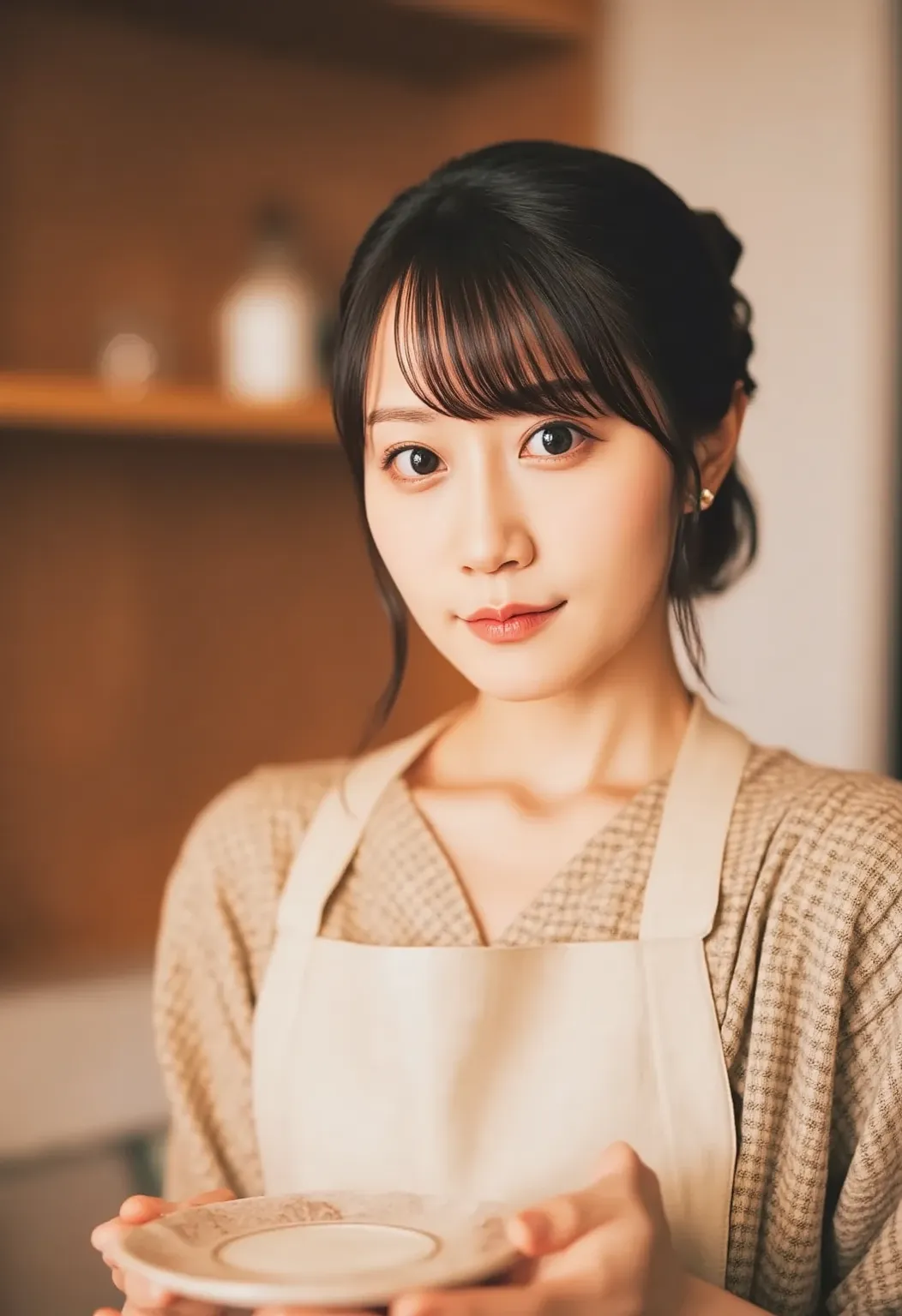 A warm and homely portrait of a housewife.
She wears an apron and has a gentle, kind smile.
The background is a cozy kitchen or a warmly lit living room.
Her hairstyle is natural, and her outfit is casual and approachable.
She is engaged in a household tas...