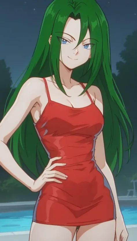 score_9, score_8_up, score_7_up, score_6_up, anime screencap, anime coloring, PMTyra, long hair, green hair, blue eyes, hair between eyes, eyes visible through hair, looking at viewer,smile, closed mouth, bare shoulders, smile, half eyes closed, sexy eyes,...