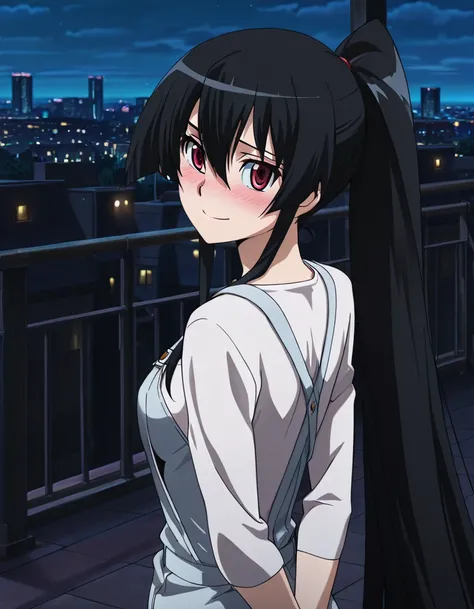 1girl, solo,Akame, red_eyes, black_hair, very_long_hair, hair_between_eyes, medium_breasts, wearing a plain white shirt, light blue overalls,standing, looking at viewer, looking back, standing, from behind, close up,blushing, embarrassed, head tilt, smile,...