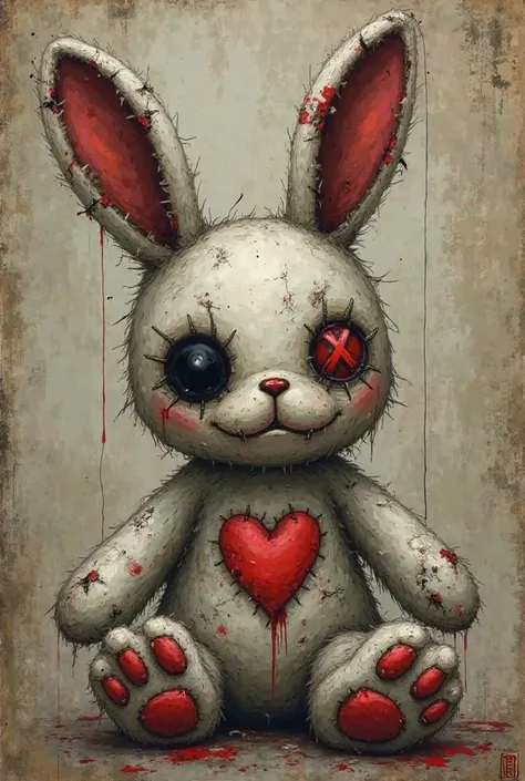 Prompt: dark, eerie, and emotional illustration of a stitched, tattered plush bunny with a haunting yet sad expression. The bunny has one hollow, black eye socket, and the other eye is marked with a red 'X'. Its fur is rough, dirty, and patched with stitch...