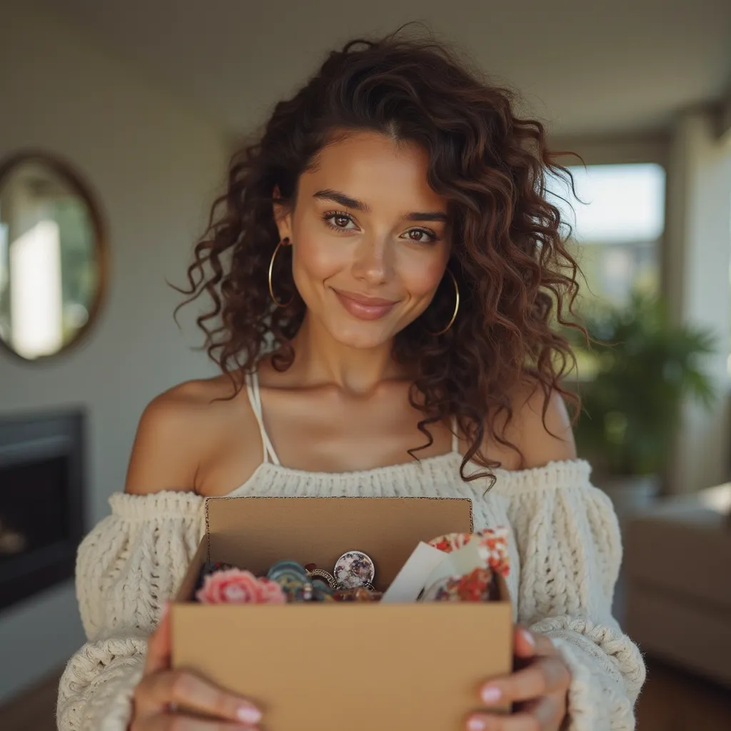 📷 3 ️ ⇒ Cinematic frame of a young Latin woman opening a package with fashion accessories. His expression is one of emotion when receiving unique products. Background with natural light and modern atmosphere.