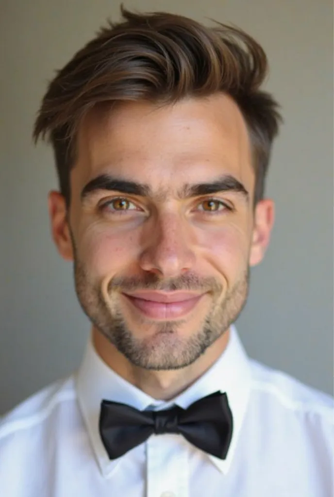 A young man with an attractive and slightly smug face sports a white dress shirt, and bow tie. He has short stubble and a wide, cleanly shaven jawline. The photograph was taken in early 2024. His eyes brown, are accentuated by his thick, arched brown eyebr...