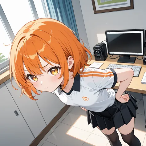 An anime-style girl with short orange hair, golden eyes, and a pouty expression, wearing a white and orange sports uniform with a pleated black skirt. She has her hands on her hips and looks up at the camera with an annoyed or determined expression. She we...