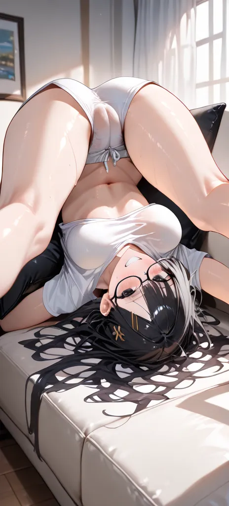 an anime girl is upside-down in her couch, 1girl, solo, black hair, long hair, glasses, black-framed eyewear, tilted eyewear, hairpin, black eyes, dark eyes, breasts, white T-shirt, basic shirt, falling shirt, navel, upside-down, bottom-up, top-down, sprea...