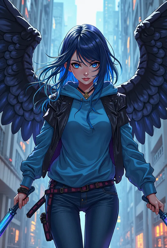 (maximum quality, boobs,  official art , beautiful and aesthetic:1.2)  Anime Woman, Crow wings on the back, blue eyes, Flaming blue and black hair, Blue Hoodie, black and blue armor,  blue sweatshirt, Jeans azul,  Holding two daggers.
