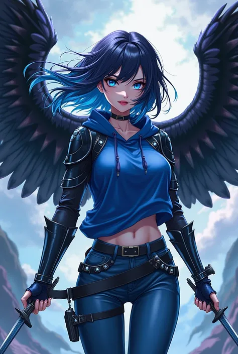 (maximum quality, boobs,  official art , beautiful and aesthetic:1.2)  Anime Woman, Crow wings on the back, blue eyes, Flaming blue and black hair, Blue Hoodie, black and blue armor,  blue sweatshirt, Jeans azul,  Holding two daggers.
