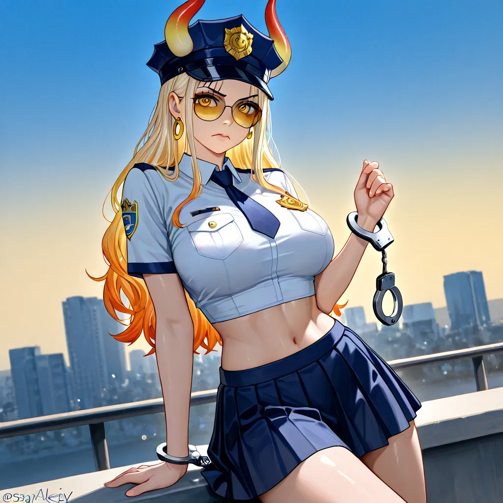 Create a highly detailed and realistic depiction of Yamato from *One Piece* as a stunning and confident female police officer. She is wearing a unique and adorable police uniform: her top resembles a bra-like crop top, her breast size is huge, exposing her...