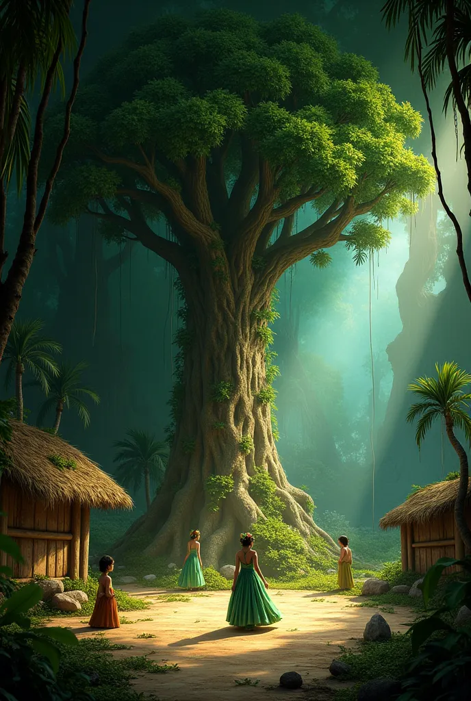 Stage Design**: The stage would have a large **tree** as the focal point. To the left, a representation of a **small village** can be seen—simple huts with thatched roofs. The right side of the stage would feature an **open forest** with props like rocks, ...