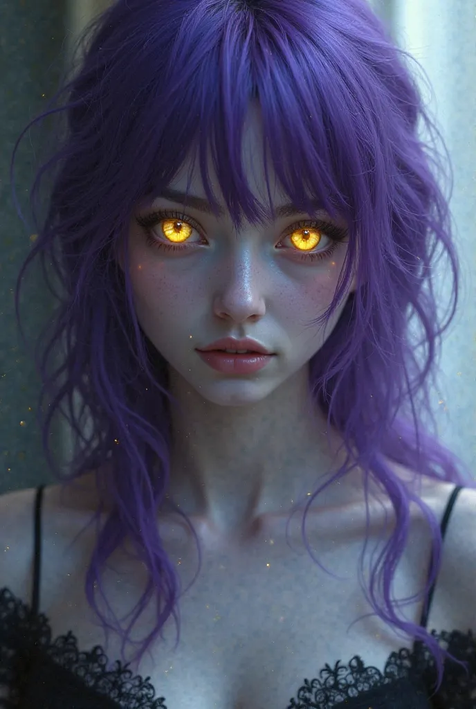 Make a girl with a 25-year-old body, with purple hair and greyish skin with yellow eyes