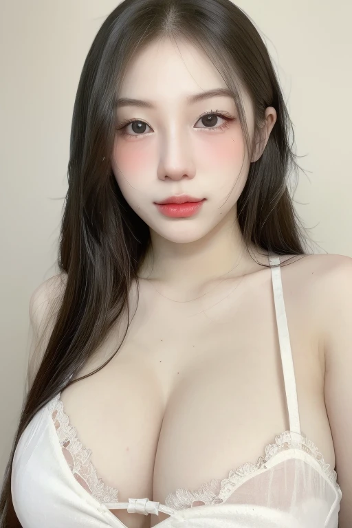 (realistic、masterpiece、Best Quality、8K、highres、high resolution:1.3)、a half body portrait of a young woman with a white bikini, smooth translucent white skin,closed mouth smile, closed mouth, cleavage bulge,japanese goddess, really large bust, pale milky wh...