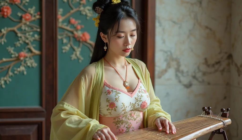 A Japanese woman of East Asian ethnicity with big breast, appearing to be in her late twenties to early thirties, is centrally positioned in the image. She is playing a zither (guqin), her hands positioned on the strings. She has shoulder-length, dark blac...