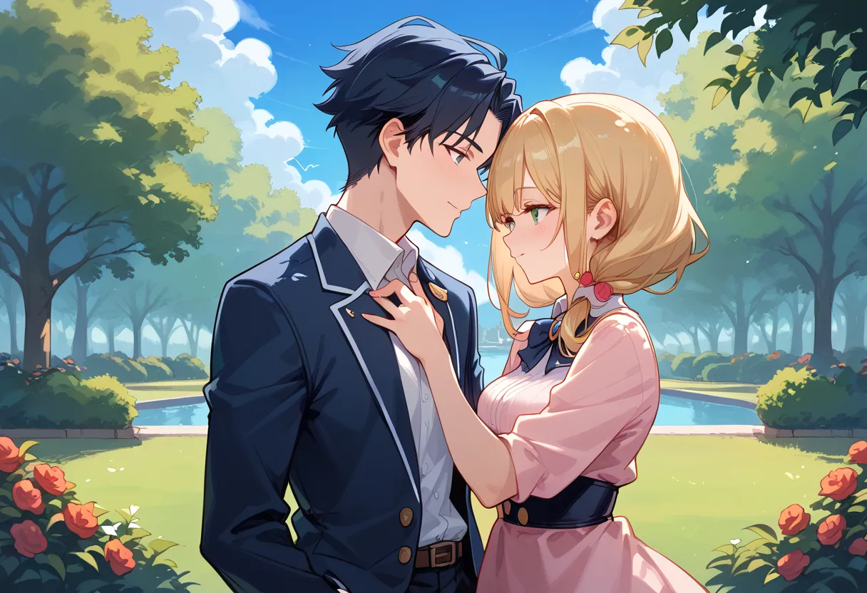 A lovey-dovey high school couple. A warm and romantic atmosphere. The delicate line drawings, expressive eyes, and pastel colors are characteristic of the classic shojo manga style. In the background, there is a park with sunlight streaming in, creating a ...