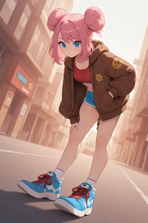 taunie, pokeza, top bun, pink highlights at tip of hair, short hair, red crop tanktop, oversized brown jacket, blue sport short, blue sneakers, white soles, red laces, pokemon theme city