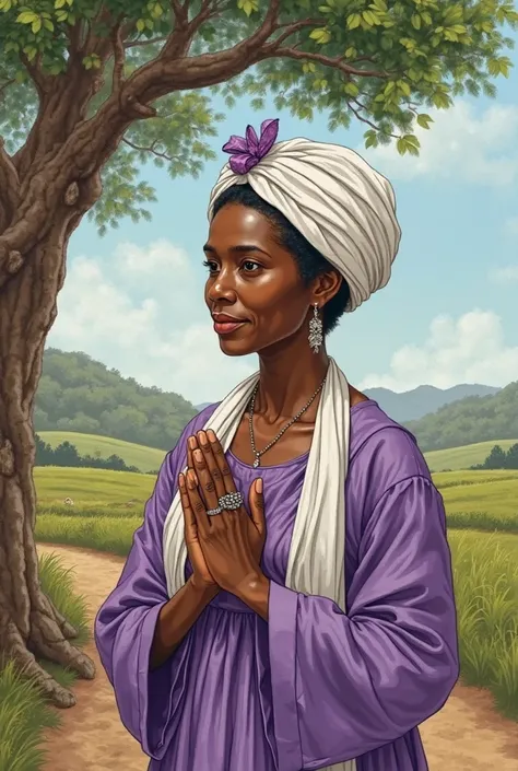 image drawing of an older black woman with short black hair wearing a white turban and a small purple ribbon in the middle of the turban, with an old purple midwife dress on her shoulders a white scarf, and their hands together like amen, And the landscape...