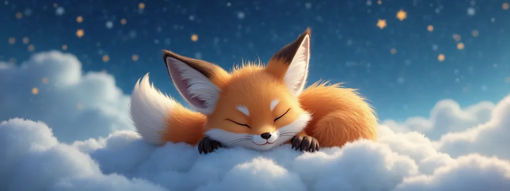 cute Disney Pixar style light brown and white baby foxes with their eyes closed、Sleeping on clouds 15,000 meters above ground。At night, The background is a shining starry sky..。