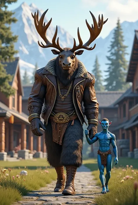 A full-body shot of a 3 meter-tall, commanding Moose humanoid, his towering antlers and broad chest making a dramatic statement. He wears a dark brown leather jacket with gold accents and a heavy chain resting on his muscular frame. His powerful hand clasp...