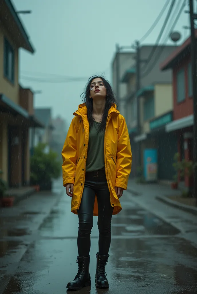 A 24-year-old girl in a yellow rain jacket and black punk boots and has pierced her eyebrows and is looking up at the sky while it's raining.