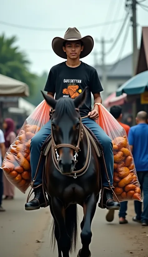  a young Indonesian , age 20's , cowboy hat , blue jeans , black boot , rolexs jam, black t-shirt that read 'Gan Shofyan', Carrying a giant plastic bag of grilled chicken on a black horse through the streets of a village crowded with Muslim residents selli...