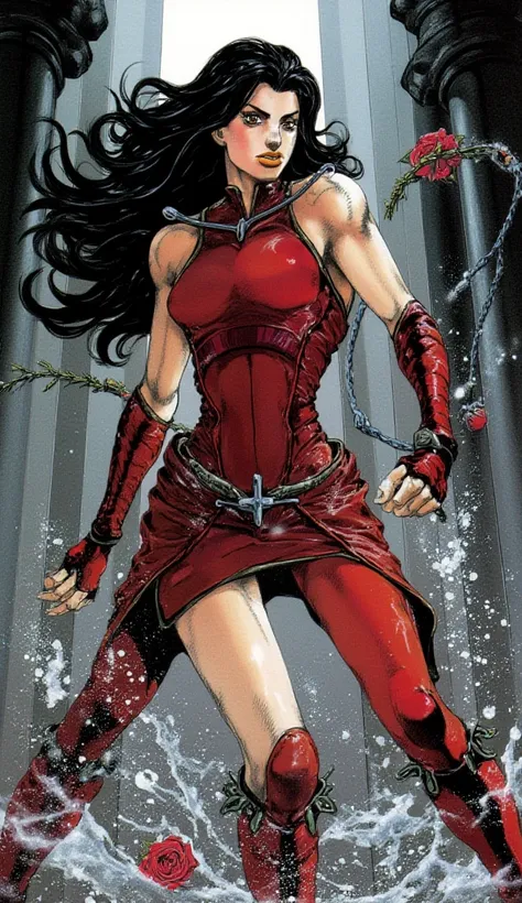 "Step into a futuristic world where Italian female bodybuilder roam the halls of a massive castle, her long black hair wild and untamed. Adorned in dark red armor, she wield rose-like whip with deadly precision. The 80's anime style aesthetic comes to life...