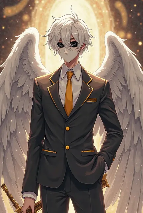 masterpiece, Anime Style , Full Body Plane, emote for Twitch of a white-haired boy, formal suit in black and gold, white shirt and gold tie, with a white mask that covers her entire face, the mask has black eyes and has no mouth in the mask, He has an aura...