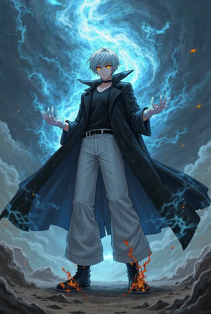 anime male character, short white hair, yellow eyes with blue fire coming out, fair skin, wearing a black coat, black shirt, long white pants, hands covered in dirt and fire like gloves, black shoes with water-like covering on top, standing with a powerful...