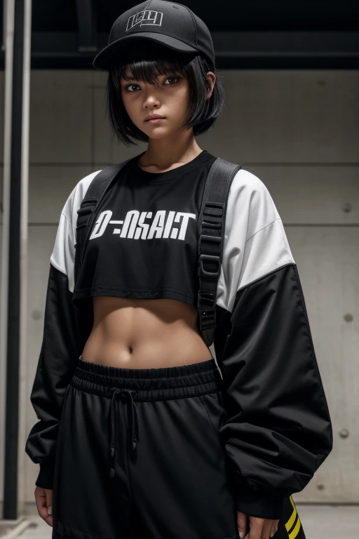  Hi-Res,  boyish,   1 girl,  black hair, Sporty shortcuts,  Asymmetric Hairstyles ,  Asymmetrical bangs,   yellow eyes,  There are three circles in the middle of the eye,  Skater Style Street Fashion, slightly oversized bottoms, standing, futanari, 薄 dark一...