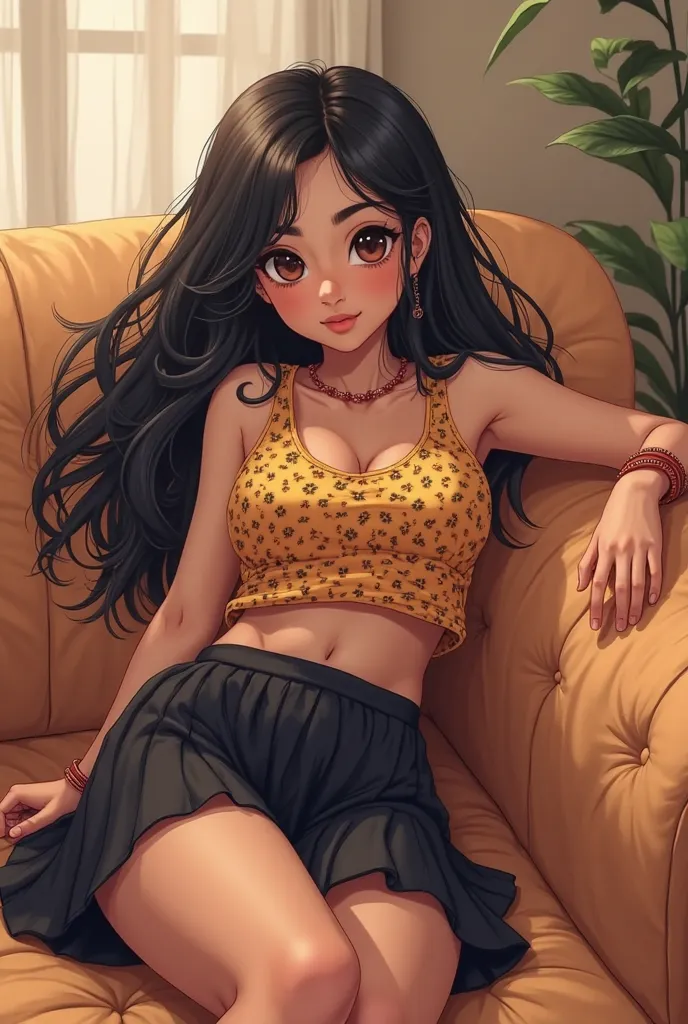 "Create an anime illustration of a 21-year-old Indian girl relaxing on a cozy couch, wearing a trendy crop top and a black skirt. Her long, luscious black hair cascades down her back, and her expressive brown eyes sparkle with a hint of mischief. Incorpora...