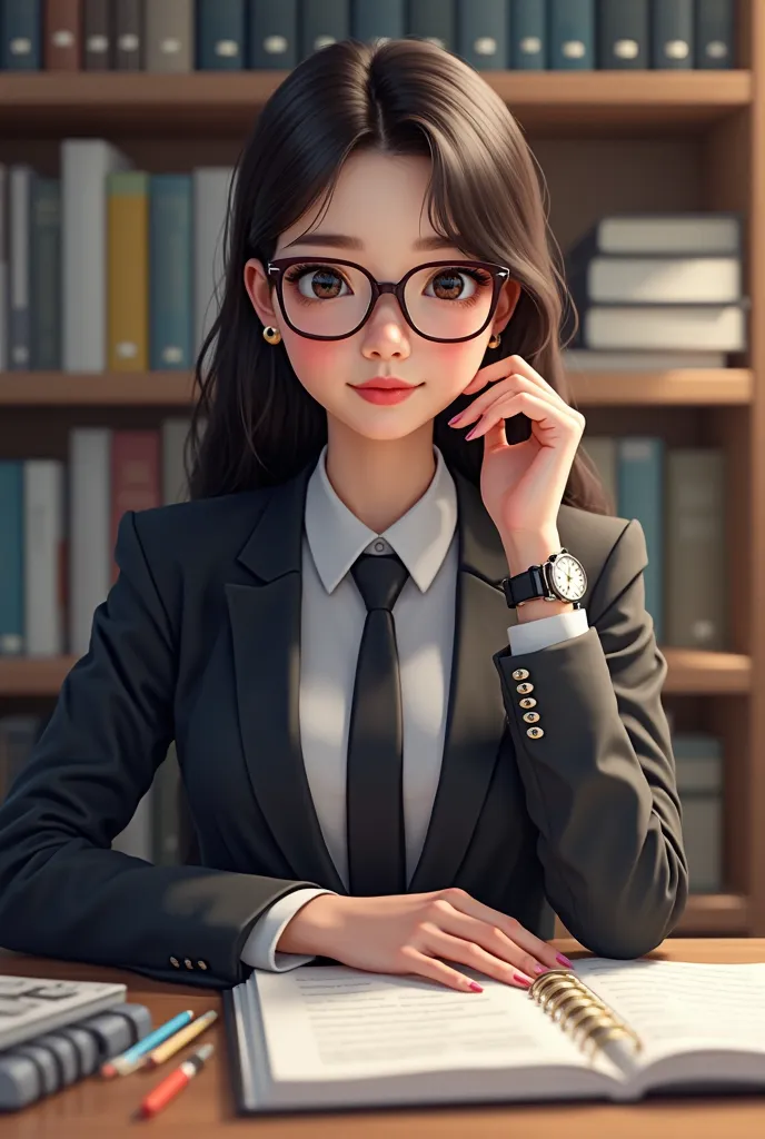 A beautiful girl sits at her desk wearing a formal suit, a tie, a watch on her hand and a close one on her face 
In front of her are books and pens 