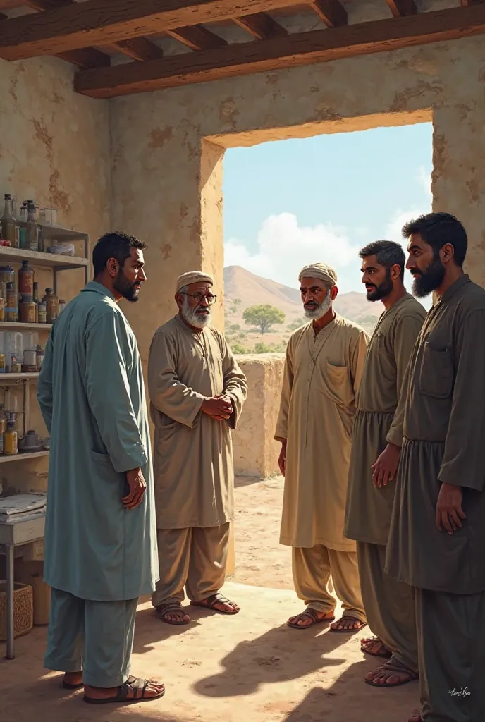 Some men came to the village health center for consultation. Dr. Mohammed is explaining the severity of the disease.)