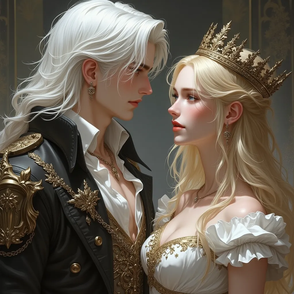  Beautiful, изысканная рисовка в стиле реалистичного комикса 90-х.  Tall, beautiful, stately,  courageous , , an attractive young man with long white hair below his shoulders , long bangs ,  with tanned leather, blue eyes, With hidden royal attire ,  puts ...