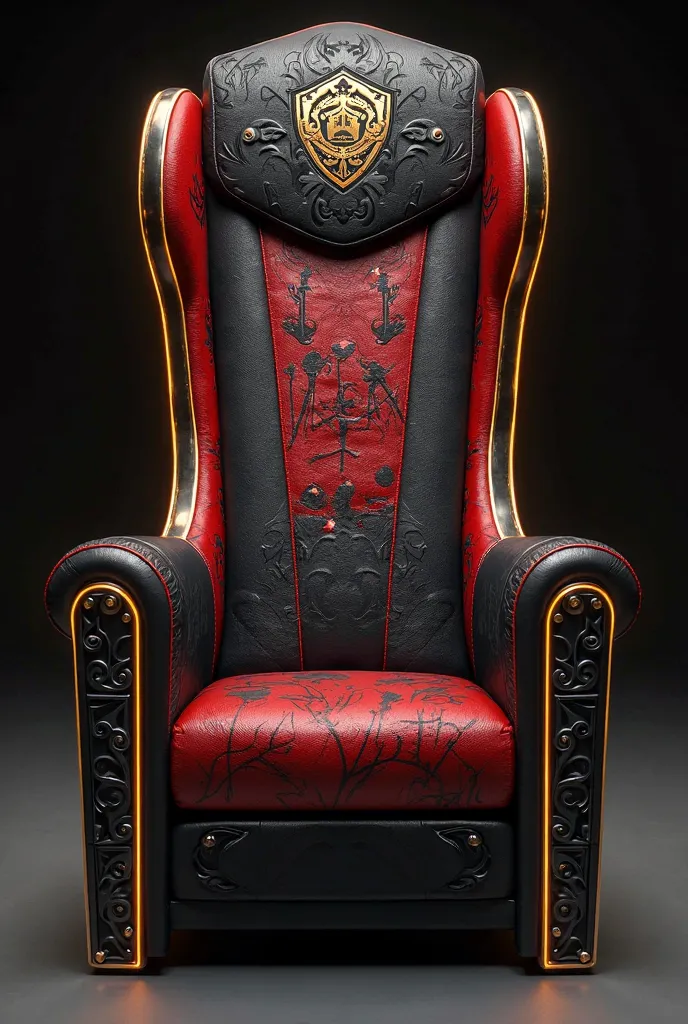 Design a high-back throne-style chair for the judges of Hustle 3.0, blending hip-hop culture with modern luxury. The chair should have a sleek black matte metal frame with intricate graffiti-inspired engravings featuring microphones, turntables, and breakd...