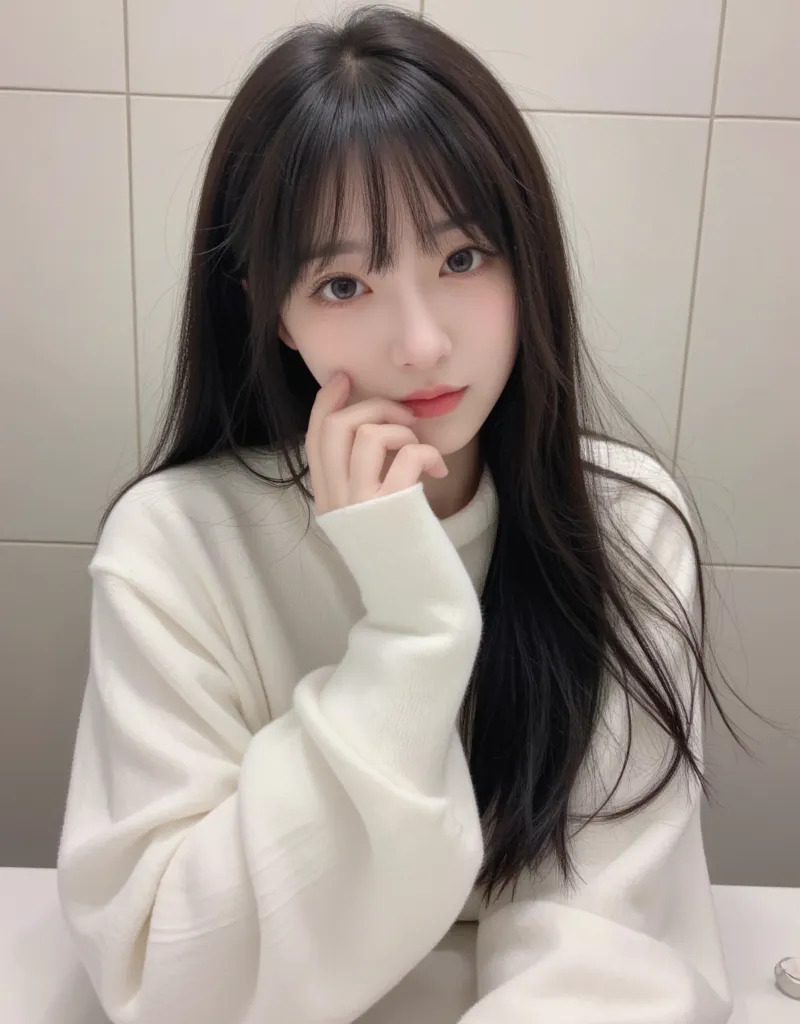  K-pop girls、 charming、Unique visuals、fresh, milky white skin、Long black hair with bangs、pins and straight hair、Big deer eyes 、 slim figure、known as a hot member、 real 、20 years old、Shopping while off、Take a selfie with your iPhone in the bathroom、full bod...