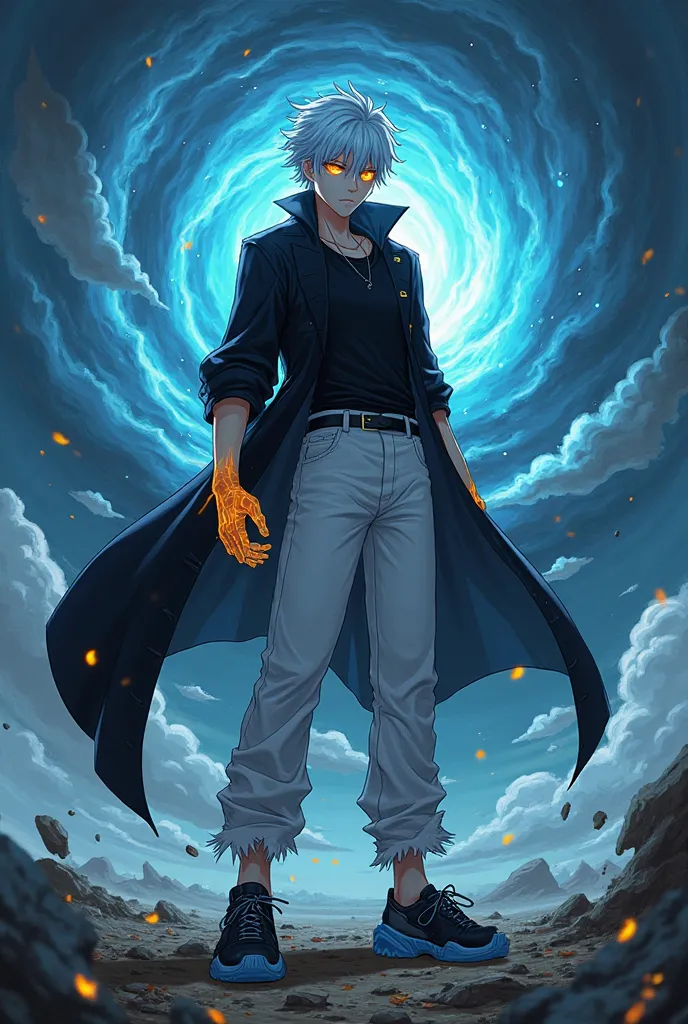 anime male character, short white hair, yellow eyes with blue fire coming out, fair skin, wearing a black coat, black shirt, long white pants, hands covered in dirt and fire like gloves, black shoes with water-like covering on top, standing with a powerful...