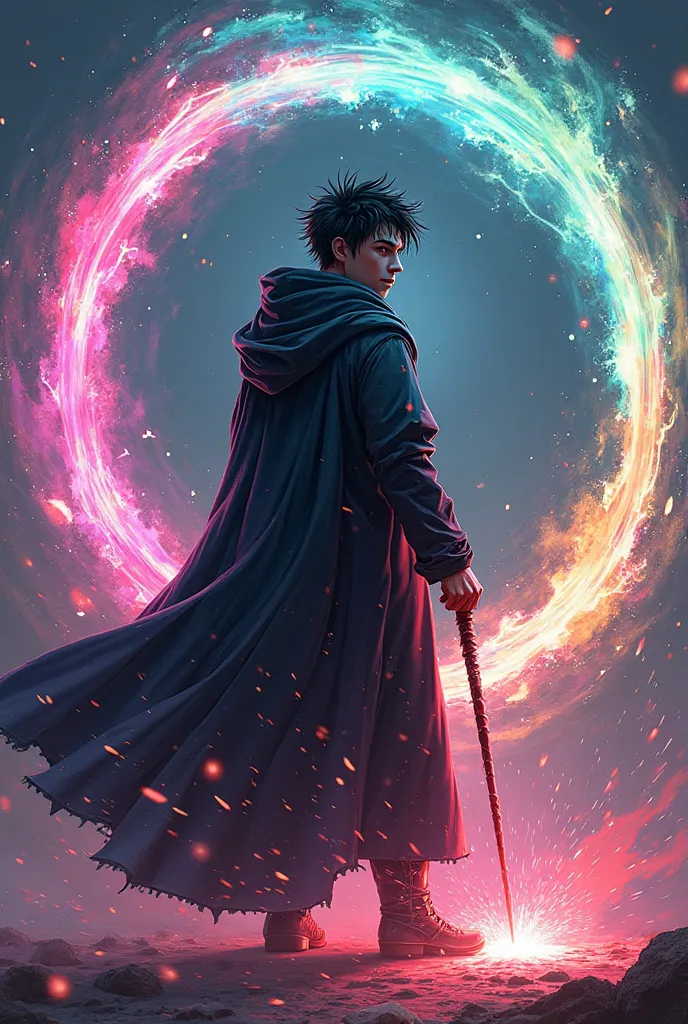 "This is a dynamic and vibrant digital illustration featuring a age wizard, rendered in a style that blends realism with fantastical elements. The image is characterized by its intense colors, glowing effects, and a sense of motion. The central figure is a...