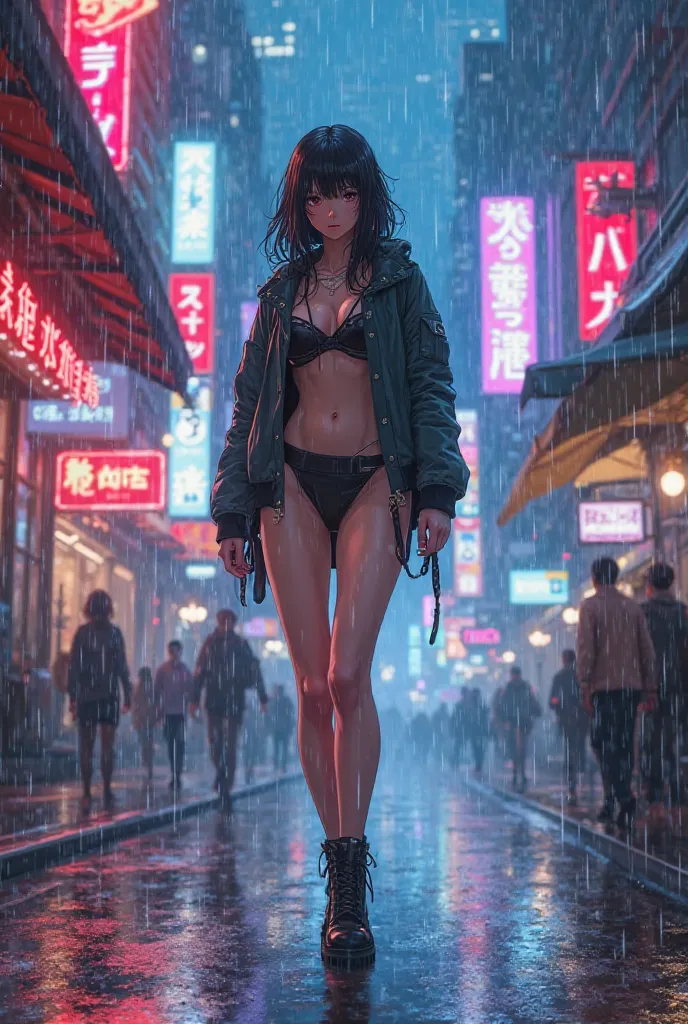 Seductive Anime Female Walking in Rainy City