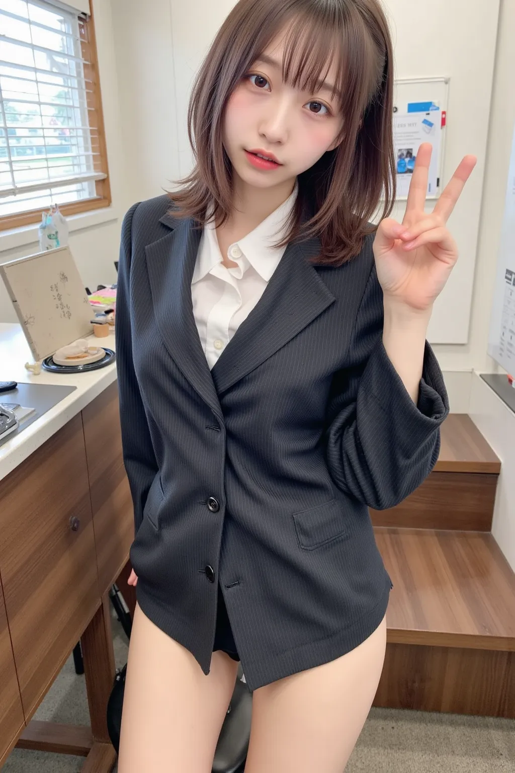 　 best image quality、score_9,  score_8_ up 、masterpiece、nsfw、(from below:1.5)、1 Japanese girl、female high school students、blazer、 shirt、miniskirt、panties、(thick thighs:1.4)、(pee:1.5)At the top of the stairs、station