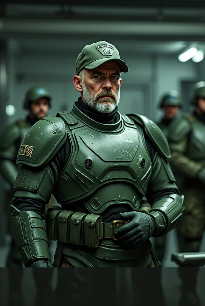 Futuristic senior officers in dark green ballistic armor (with light scuffs and scratches), cap with an unobtrusive military logo,  short beard and mustache ,  determined look , Conceptual Style (concept art), semi-profile, cinematic lighting, 8k, hyper-re...