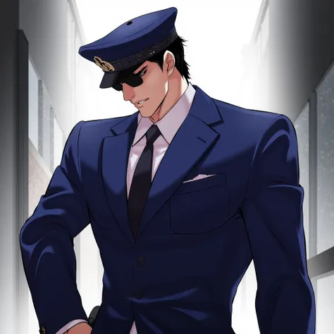 Inner scene "look" , manga with tall male character, athletic figure, strong, big muscles, short hair, black hair, very aggressive appearance, sharp angular facial features. , Elegant tall male figure, Blue police suit , Confident and relaxed posture, stro...