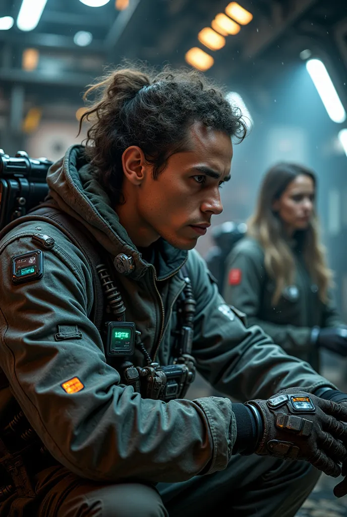 An 22-year-old maintenance worker in the prime of his life who maintains heavy equipment for space exploration, a young and beautiful  female assistant in the background, a jacket with many cyberpunk-like digital devices attached and partially emitting lig...