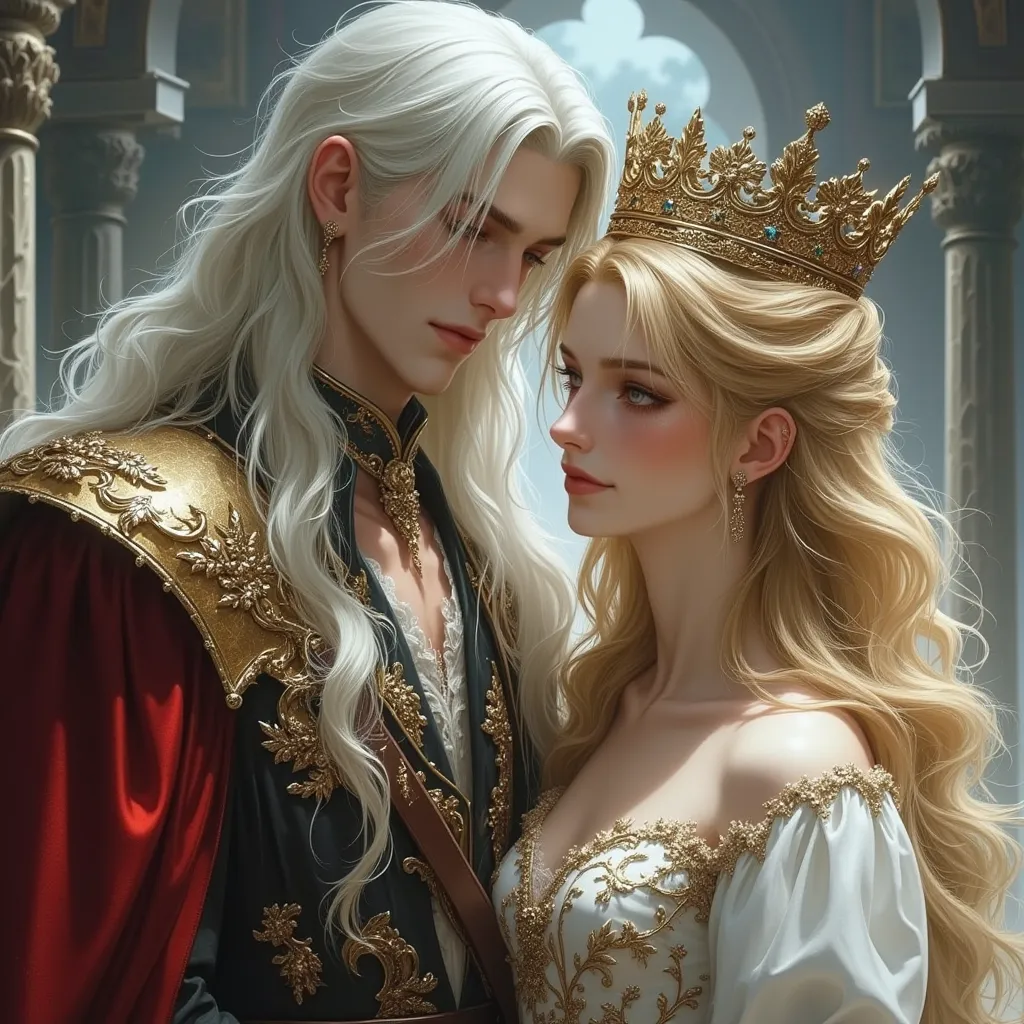  Beautiful, изысканная рисовка в стиле реалистичного комикса 90-х.  Tall, beautiful, stately,  courageous , , an attractive young man with long white hair below his shoulders , long bangs ,  with tanned leather, blue eyes, With hidden royal attire ,  puts ...