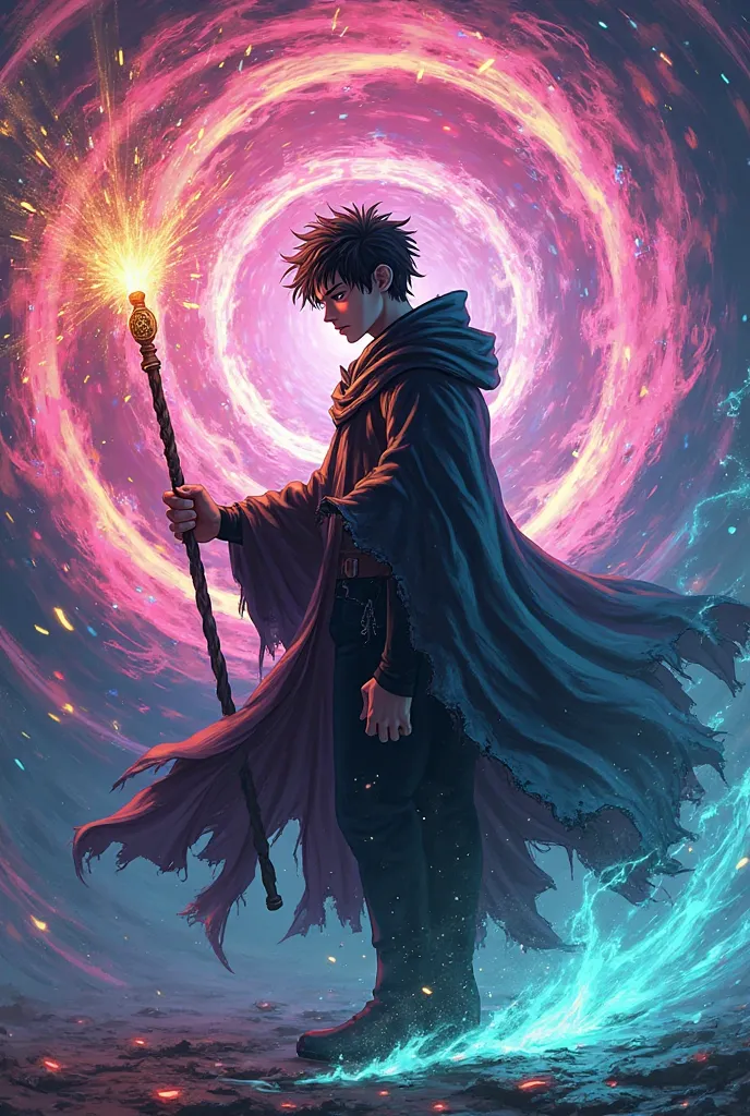 "This is a dynamic and vibrant digital illustration featuring a age wizard, rendered in a style that blends realism with fantastical elements. The image is characterized by its intense colors, glowing effects, and a sense of motion. The central figure is a...