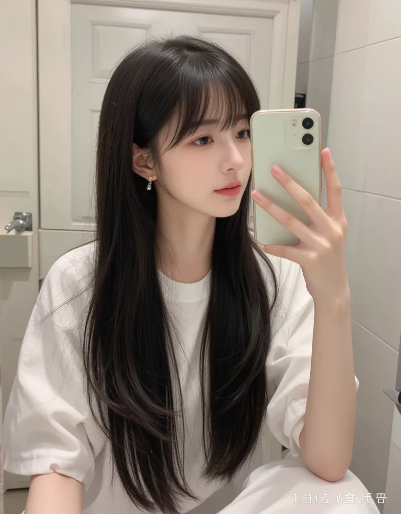  K-pop girls、 charming、Unique visuals、fresh, milky white skin、Long black hair with bangs、pins and straight hair、Big deer eyes 、 slim figure、known as a hot member、 real 、20 years old、Shopping while off、Face the bathroom mirror and take a selfie with your iP...