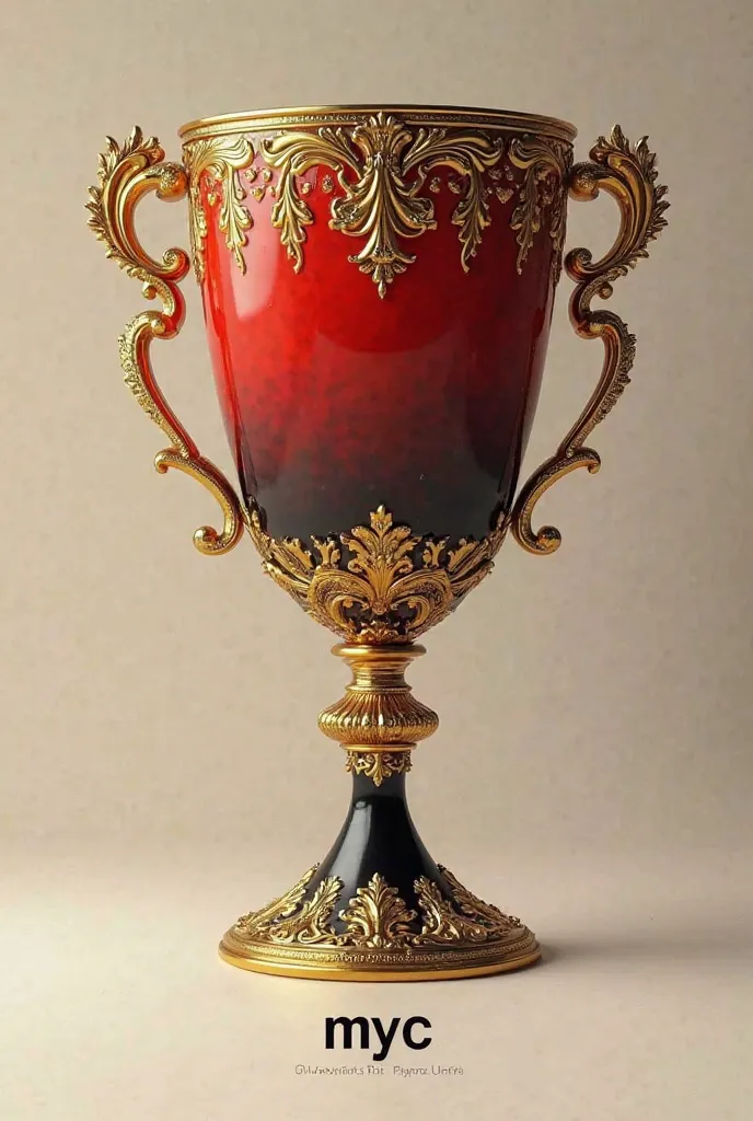 a golden cup, Red and black that says MyC below