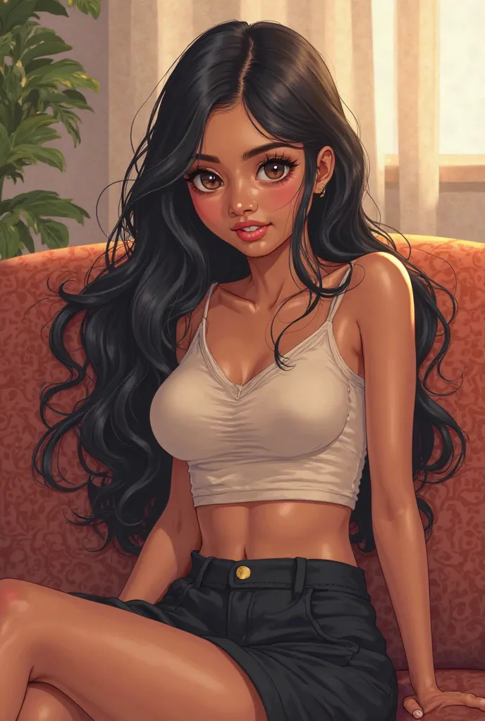 
"Create an anime illustration of a 21-year-old Indian girl relaxing on a cozy couch, wearing a trendy crop top and a black skirt. Her long, luscious black hair cascades down her back, and her expressive brown eyes sparkle with a hint of mischief. Incorpor...