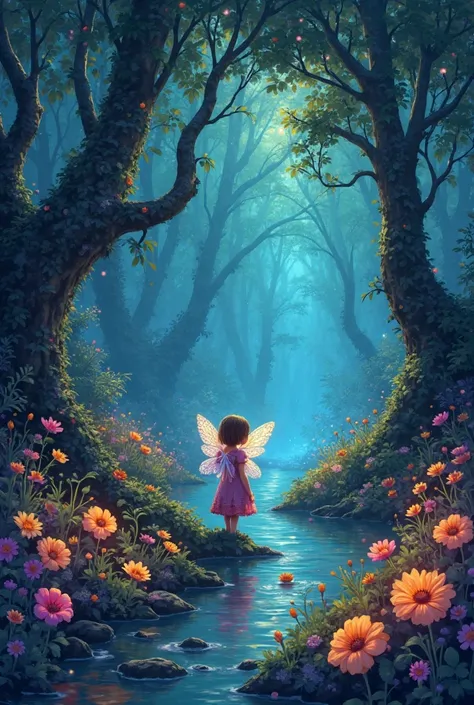 "A magical fairyland with glowing trees, colorful flowers, and a shining river. A small, beautiful fairy with sparkling wings named Noori stands in the middle, looking worried as darkness slowly spreads from the edges of the jungle."