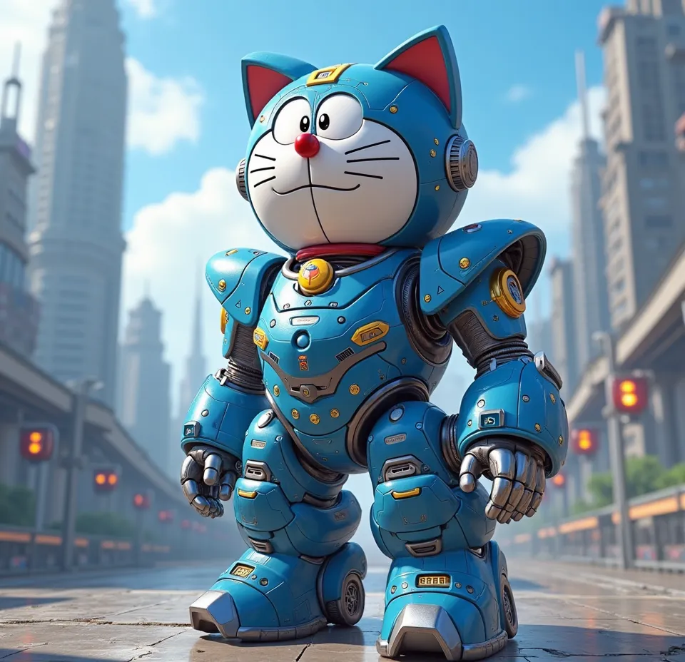 make a picture of doraemon wearing a cool gundam costume